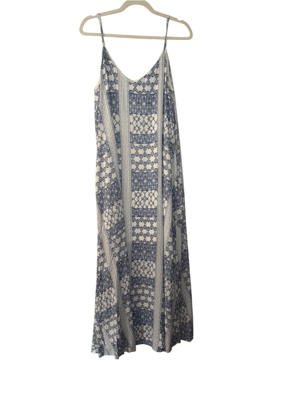 Emily Wonder Blue & White Printed Maxi Slip Dress Adjustable Straps Pockets